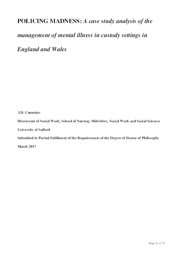 Policing madness : a case study analysis of the management of mental illness in custody settings in England and Wales Thumbnail