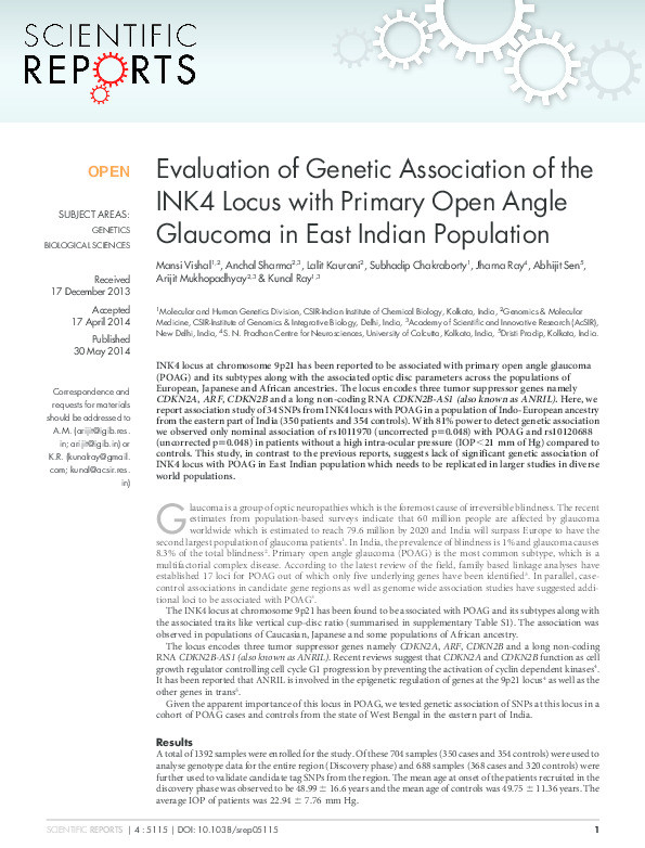 Evaluation of genetic association of the INK4 locus with primary open
angle glaucoma in East Indian population Thumbnail