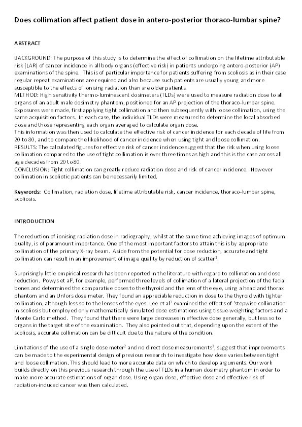 Does collimation affect patient dose in antero-posterior thoraco-lumbar spine? Thumbnail