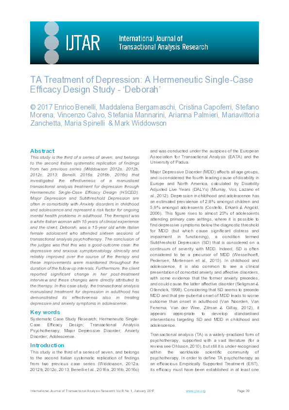 TA treatment of depression : a hermeneutic single-case
efficacy design study - ‘Deborah’ Thumbnail