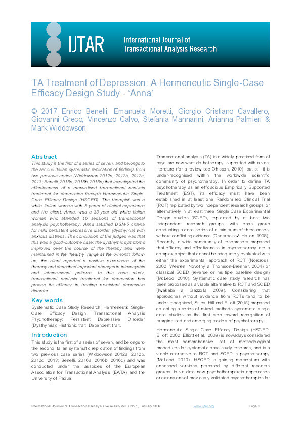 TA treatment of depression : a hermeneutic single-case
efficacy design study - ‘Anna’ Thumbnail