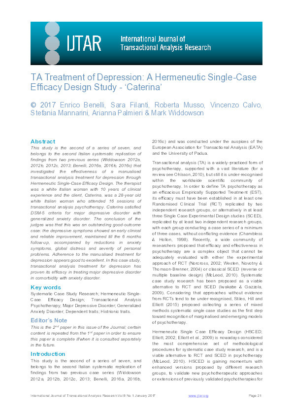 TA treatment of depression : a hermeneutic single-case
efficacy design study - ‘Caterina’ Thumbnail