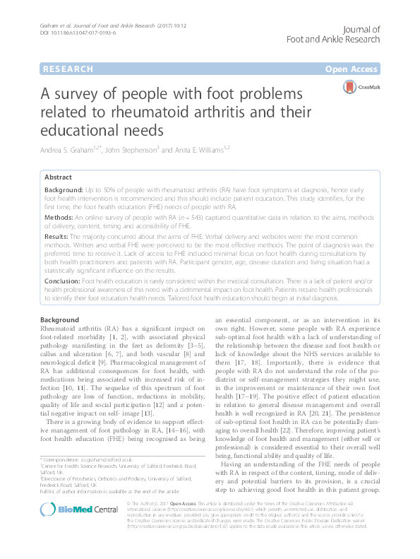 A survey of people with foot problems related to rheumatoid arthritis and their educational needs Thumbnail