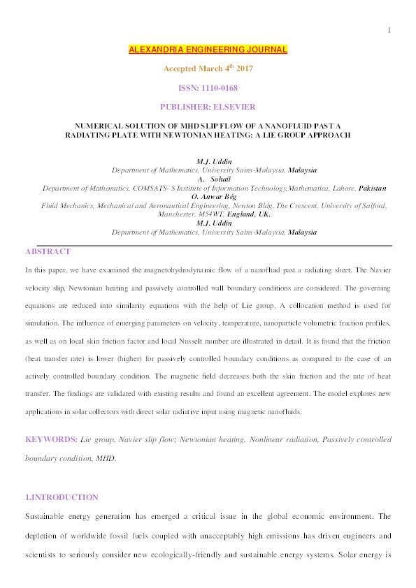 Numerical solution of MHD slip flow of a nanofluid past a radiating plate with Newtonian heating : a lie group approach Thumbnail