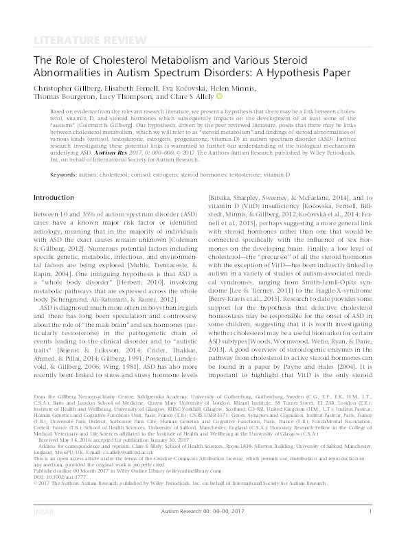 The role of cholesterol metabolism and various steroid abnormalities in autism spectrum disorders : a hypothesis paper Thumbnail