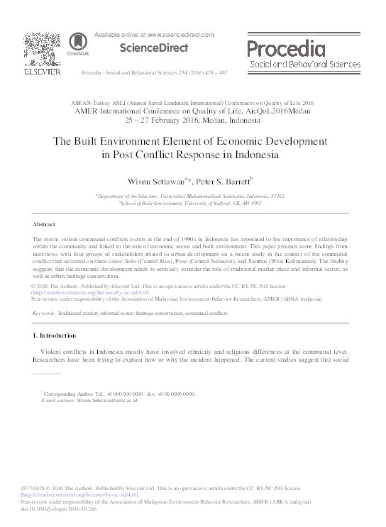 The built environment element of economic development
in post conflict response in Indonesia Thumbnail