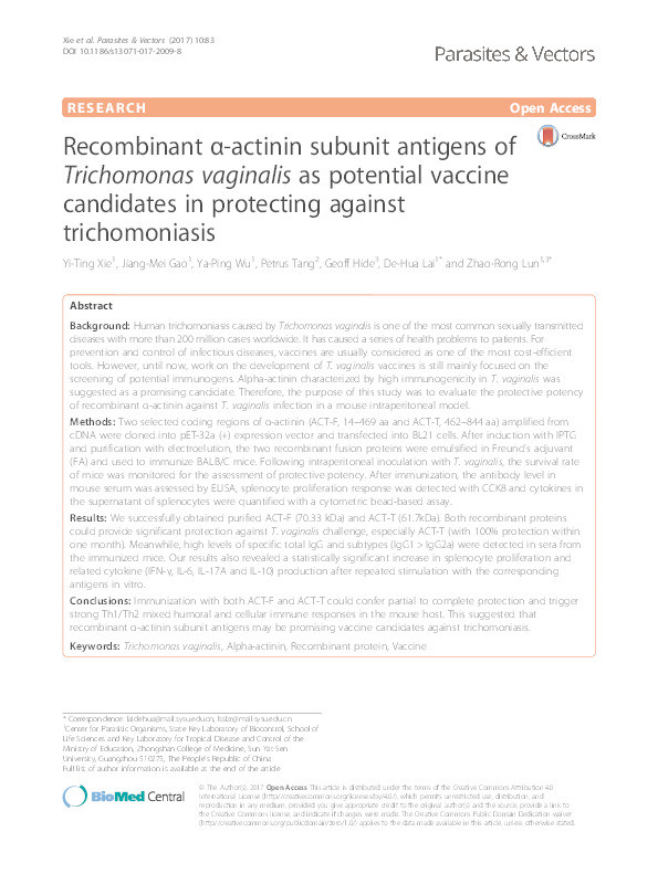 Recombinant α-actinin subunit antigens of Trichomonas vaginalis as potential vaccine candidates in protecting against trichomoniasis Thumbnail