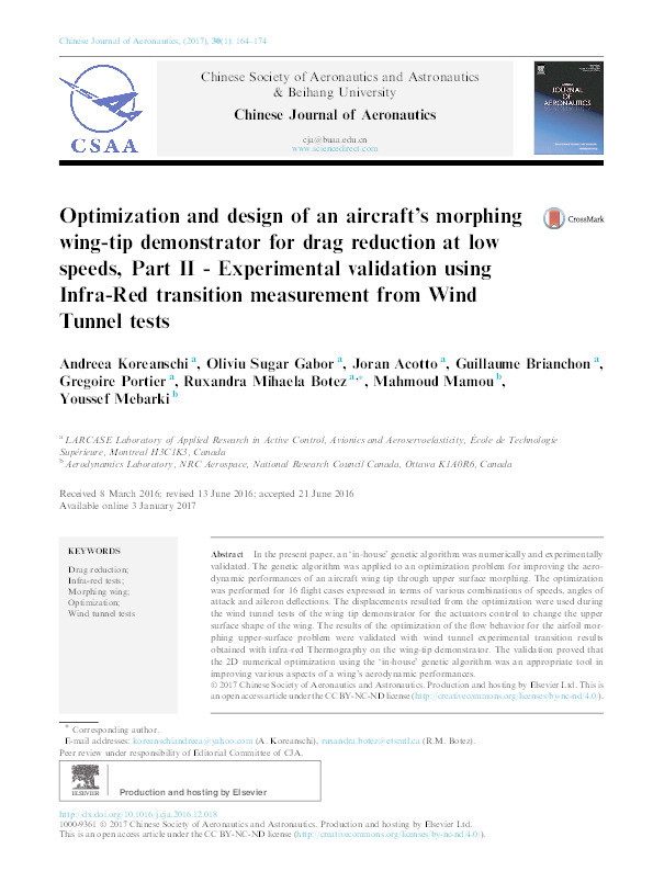 Optimization and design of an aircraft's morphing wing-tip demonstrator for drag reduction at low speeds, Part II - Experimental validation using Infra-Red transition measurement from Wind Tunnel tests Thumbnail
