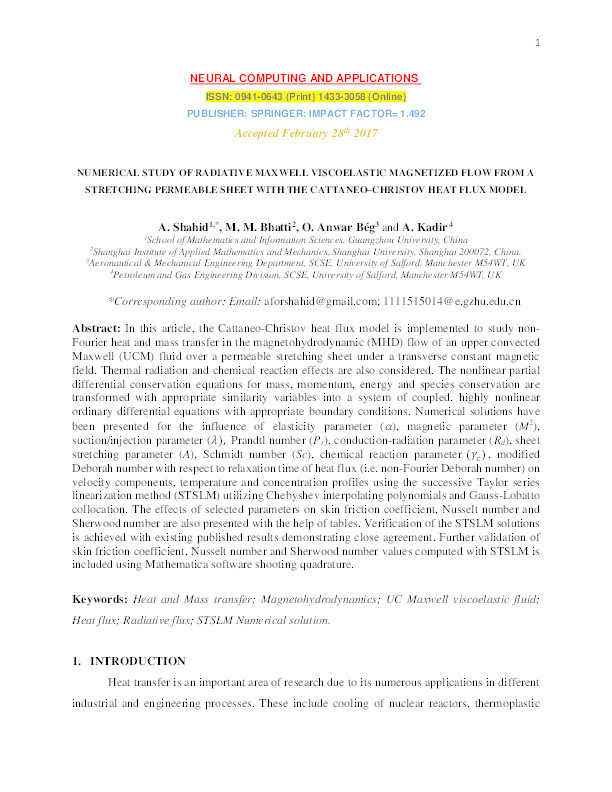 Numerical study of radiative Maxwell viscoelastic magnetized flow from a stretching permeable sheet with the Cattaneo–Christov heat flux model Thumbnail
