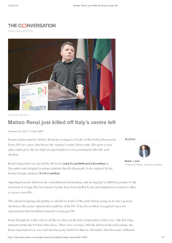 Matteo Renzi just killed off Italy's centre left Thumbnail