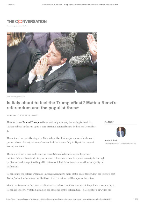 Is Italy about to feel the Trump effect? Matteo Renzi's referendum and the populist threat Thumbnail