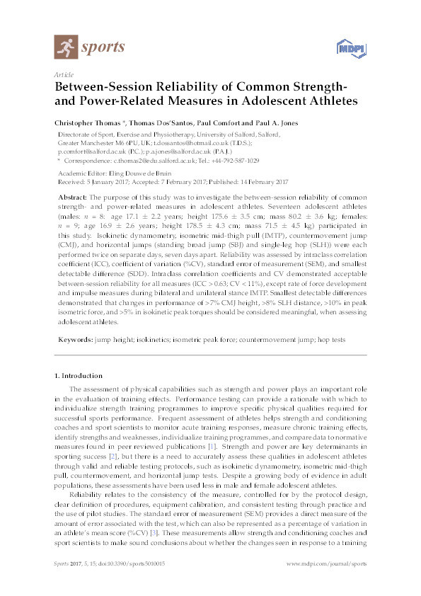 Between-session reliability of common strength- and power-related measures in adolescent athletes Thumbnail