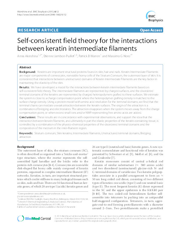 Self-consistent field theory for the interactions between keratin intermediate filaments Thumbnail