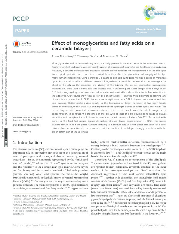 Effect of monoglycerides and fatty acids on a
ceramide bilayer Thumbnail