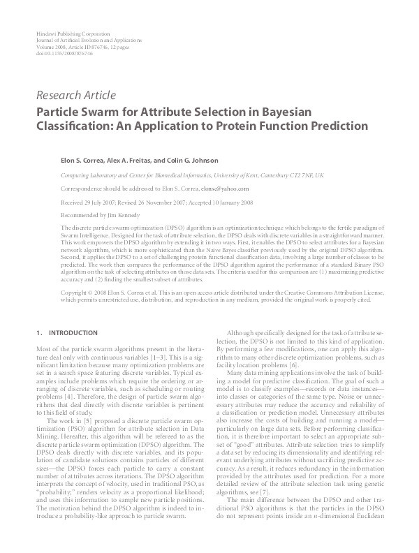 Particle swarm for attribute selection in Bayesian classification : an application to protein function prediction Thumbnail