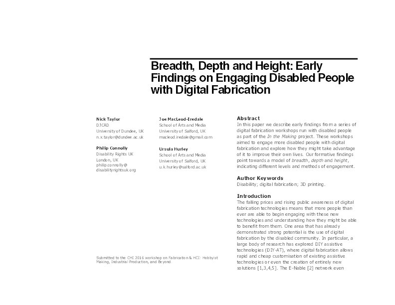 Breadth, depth and height : early findings on engaging disabled people with digital fabrication Thumbnail