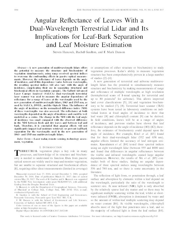 Angular reflectance of leaves with a dual-wavelength terrestrial lidar and its implications for leaf-bark separation and leaf moisture estimation Thumbnail