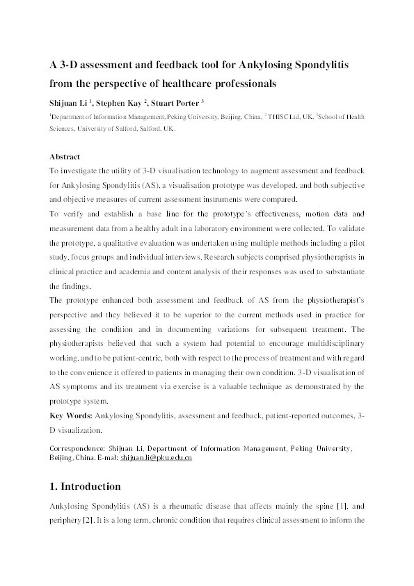 A 3D assessment and feedback tool for Ankylosing Spondylitis from the perspective of healthcare professionals Thumbnail