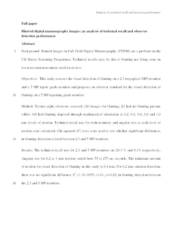 Blurred digital mammography images : an analysis of technical recall and observer detection performance Thumbnail