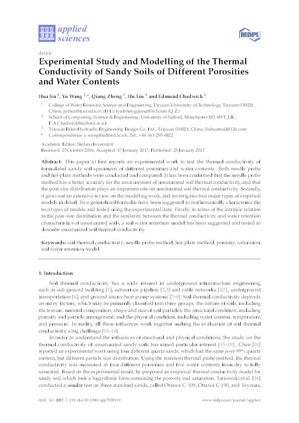 Experimental study and modelling of the thermal
conductivity of sandy soils of different porosities
and water contents Thumbnail