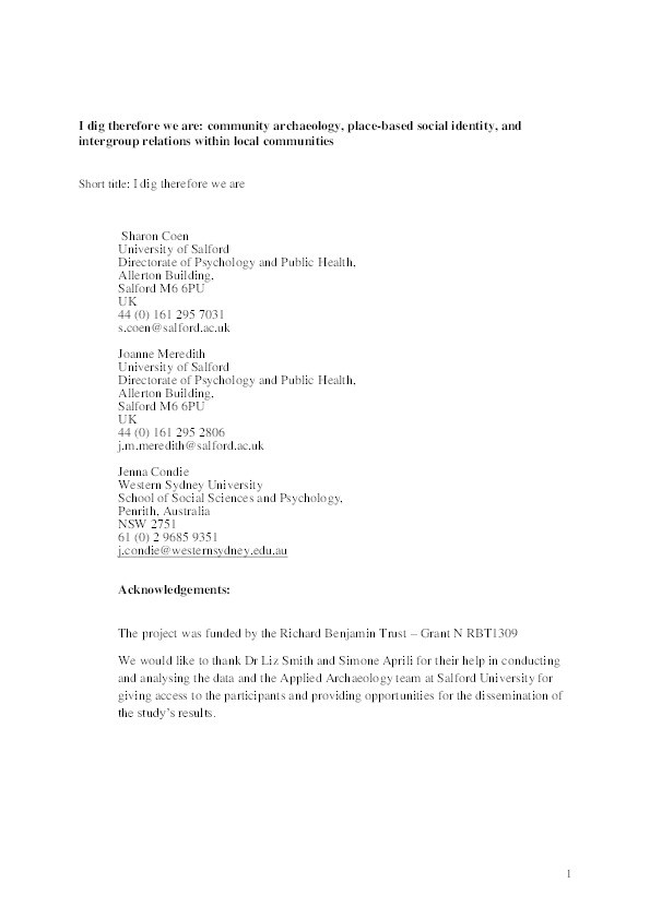 I dig therefore we are : community archaeology, place-based social identity, and intergroup relations within local communities Thumbnail