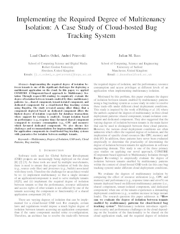 Implementing the required degree of multitenancy isolation : a case study of cloud-hosted bug tracking system Thumbnail