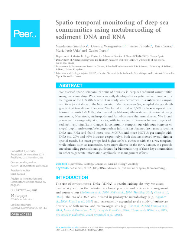 Spatio-temporal monitoring of deep-sea communities using metabarcoding of sediment DNA and RNA Thumbnail