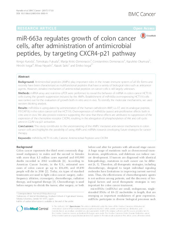 miR-663a regulates growth of colon cancer
cells, after administration of antimicrobial
peptides, by targeting CXCR4-p21 pathway Thumbnail