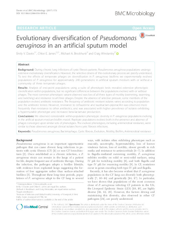 Evolutionary diversification of Pseudomonas aeruginosa in an artificial sputum model Thumbnail