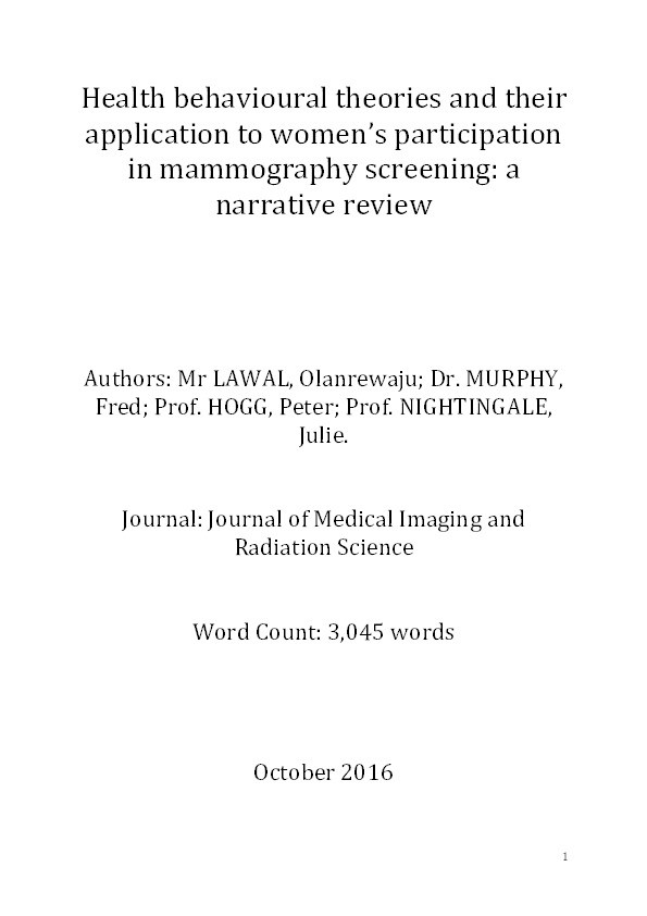 Health behavioural theories and their
application to women’s participation
in mammography screening : a
narrative review Thumbnail