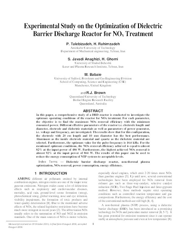 Experimental Study on the Optimization of Dielectric Barrier Discharge Reactor for NOx Treatment Thumbnail