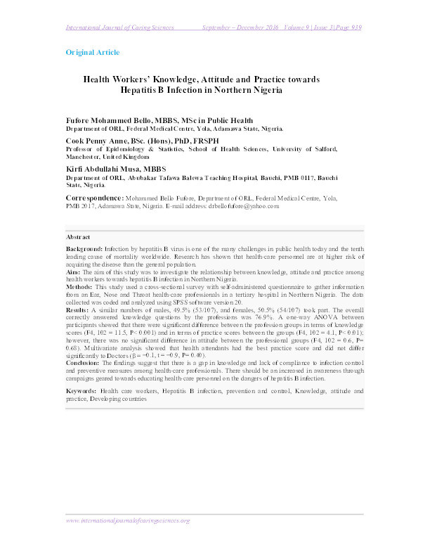Health workers’ knowledge, attitude and practice towards Hepatitis B infection in Northern Nigeria Thumbnail