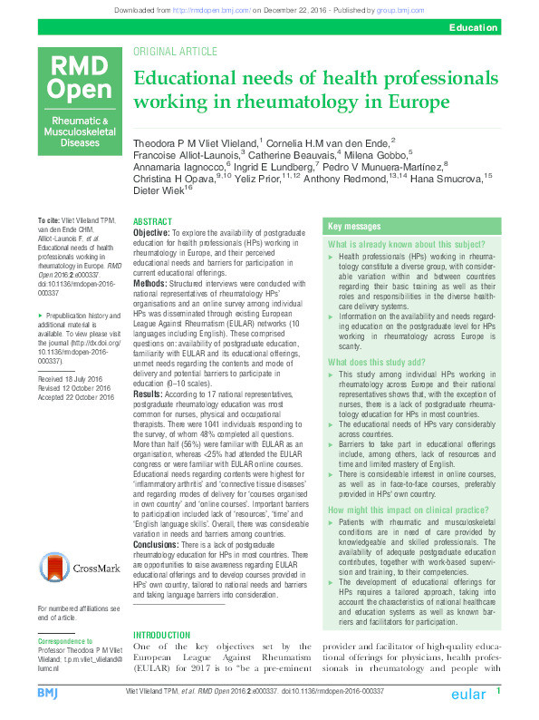 Educational needs of health professionals working in rheumatology in Europe Thumbnail