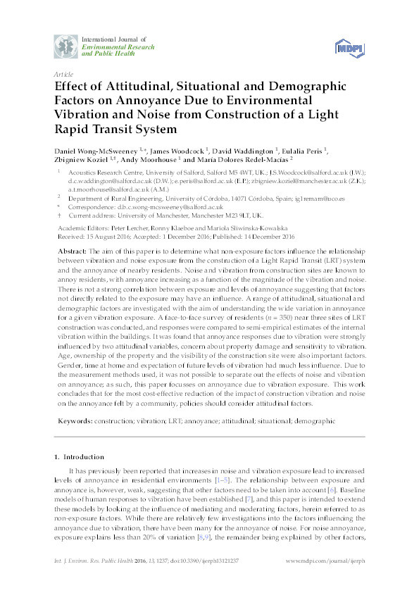 Effect of attitudinal, situational and demographic
factors on annoyance due to environmental
vibration and noise from construction of a light
rapid transit system Thumbnail