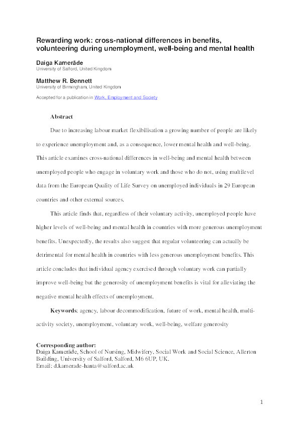 Rewarding work : cross-national differences in benefits, volunteering during unemployment, well-being and mental health Thumbnail