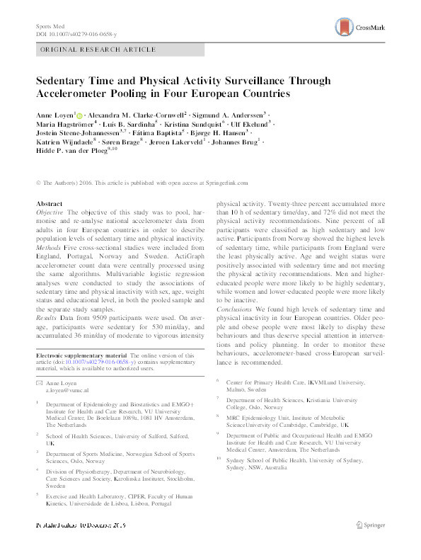 Sedentary time and physical activity surveillance through accelerometer pooling in four European countries Thumbnail