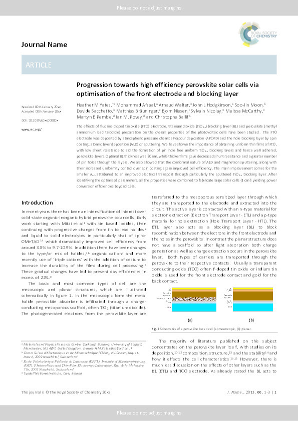 Progression towards high efficiency perovskite solar cells via optimisation of the front electrode and blocking layer Thumbnail