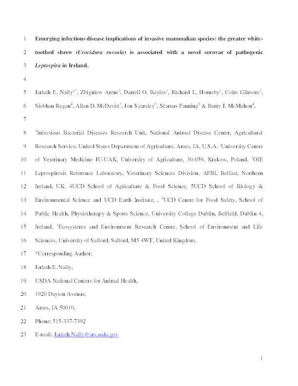 Emerging infectious disease implications of invasive mammalian species : the greater white-toothed shrew (Crocidura russula) is associated with a novel serovar of pathogenic Leptospira in Ireland Thumbnail