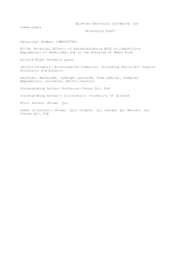 Potential effects of rainwater-borne H2O2 on competitive
degradation of herbicides and in the presence of humic acid Thumbnail