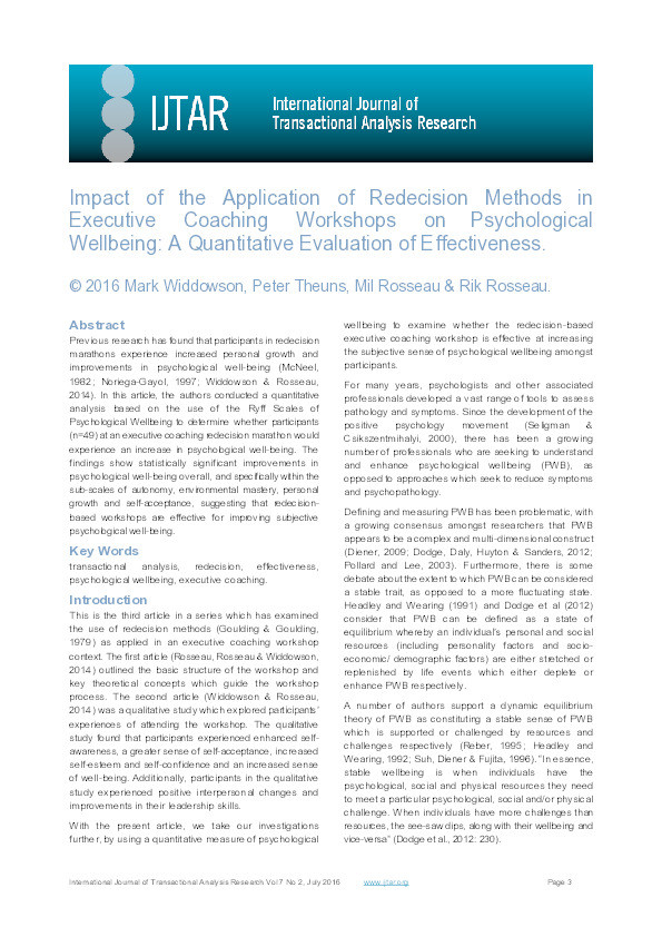 Impact of the application of redecision methods in executive coaching workshops on psychological wellbeing : a quantitative evaluation of effectiveness Thumbnail