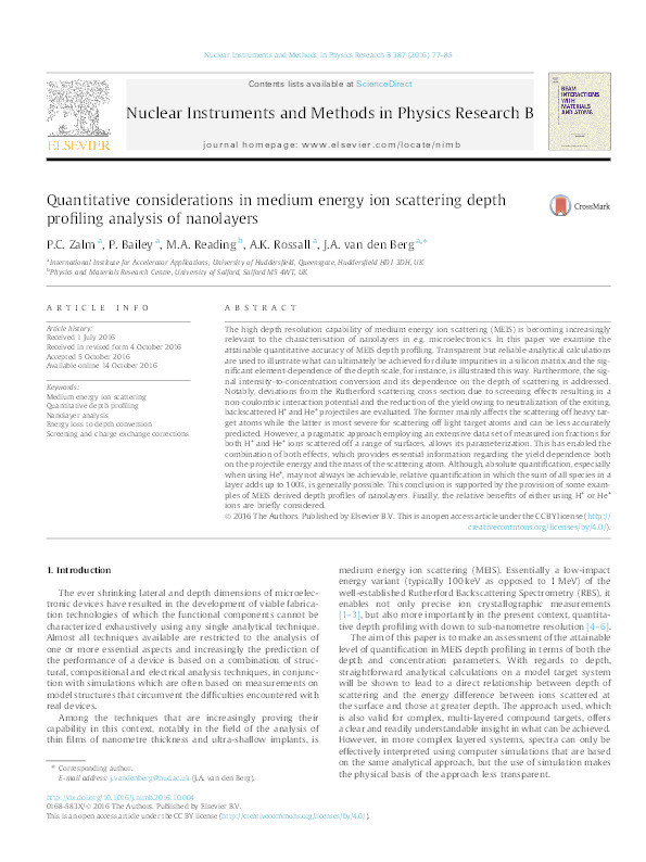 Quantitative considerations in medium energy ion scattering depth profiling analysis of nanolayers Thumbnail