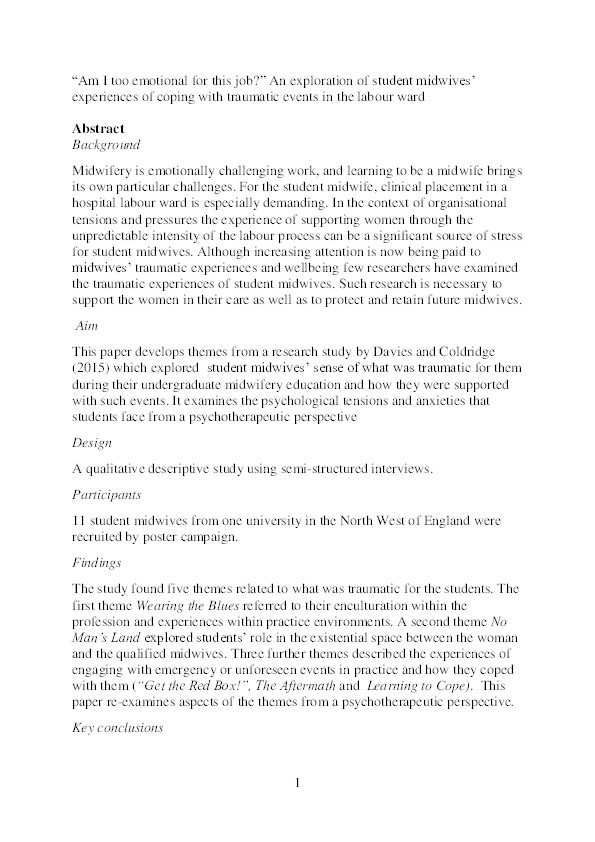 “Am I too emotional for this job?” An exploration of student midwives’ experiences of coping with traumatic events in the labour ward. Thumbnail