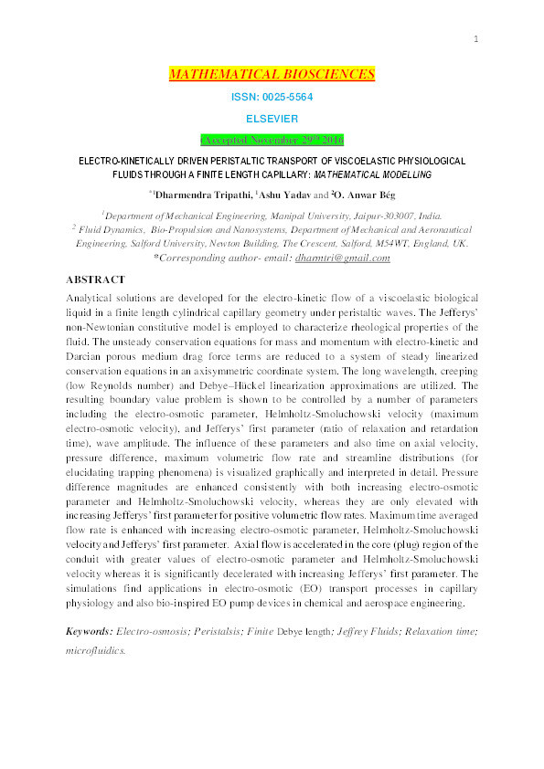 Electro-kinetically driven peristaltic transport of viscoelastic physiological fluids through a finite length capillary : mathematical modelling Thumbnail