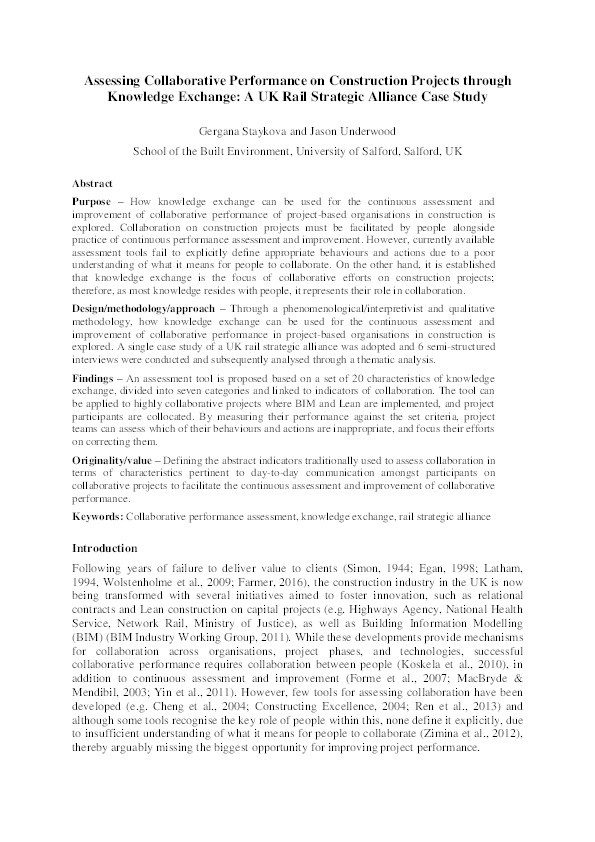 Assessing collaborative performance on construction projects through knowledge exchange : a UK Rail Strategic Alliance case study Thumbnail