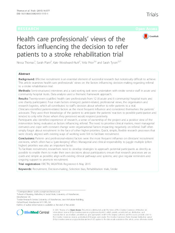 Health care professionals’ views of the factors influencing the decision to refer patients to a stroke rehabilitation trial Thumbnail