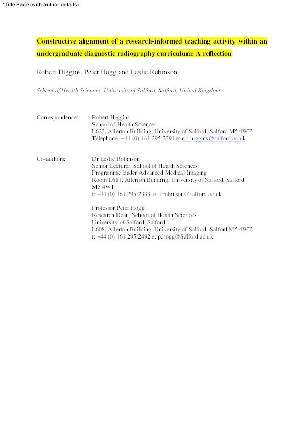 Constructive alignment of a research-informed teaching activity within an undergraduate diagnostic radiography curriculum : a reflection Thumbnail