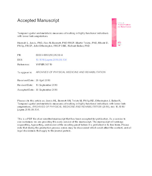Temporal spatial and metabolic measures of walking in highly functional individuals with lower limb amputations Thumbnail
