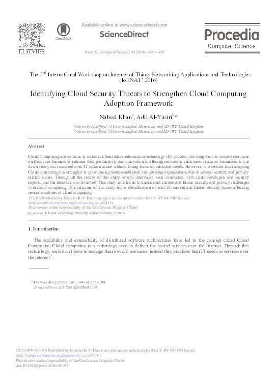 Identifying cloud security threats to strengthen cloud computing adoption framework Thumbnail