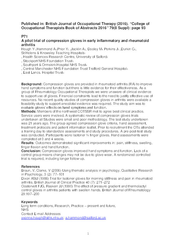 A pilot trial of compression gloves in early inflammatory and rheumatoid arthritis Thumbnail