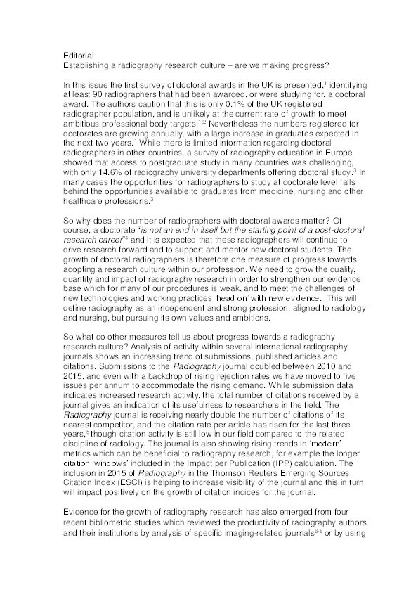 Establishing a radiography research culture – Are we making progress? [Editorial] Thumbnail